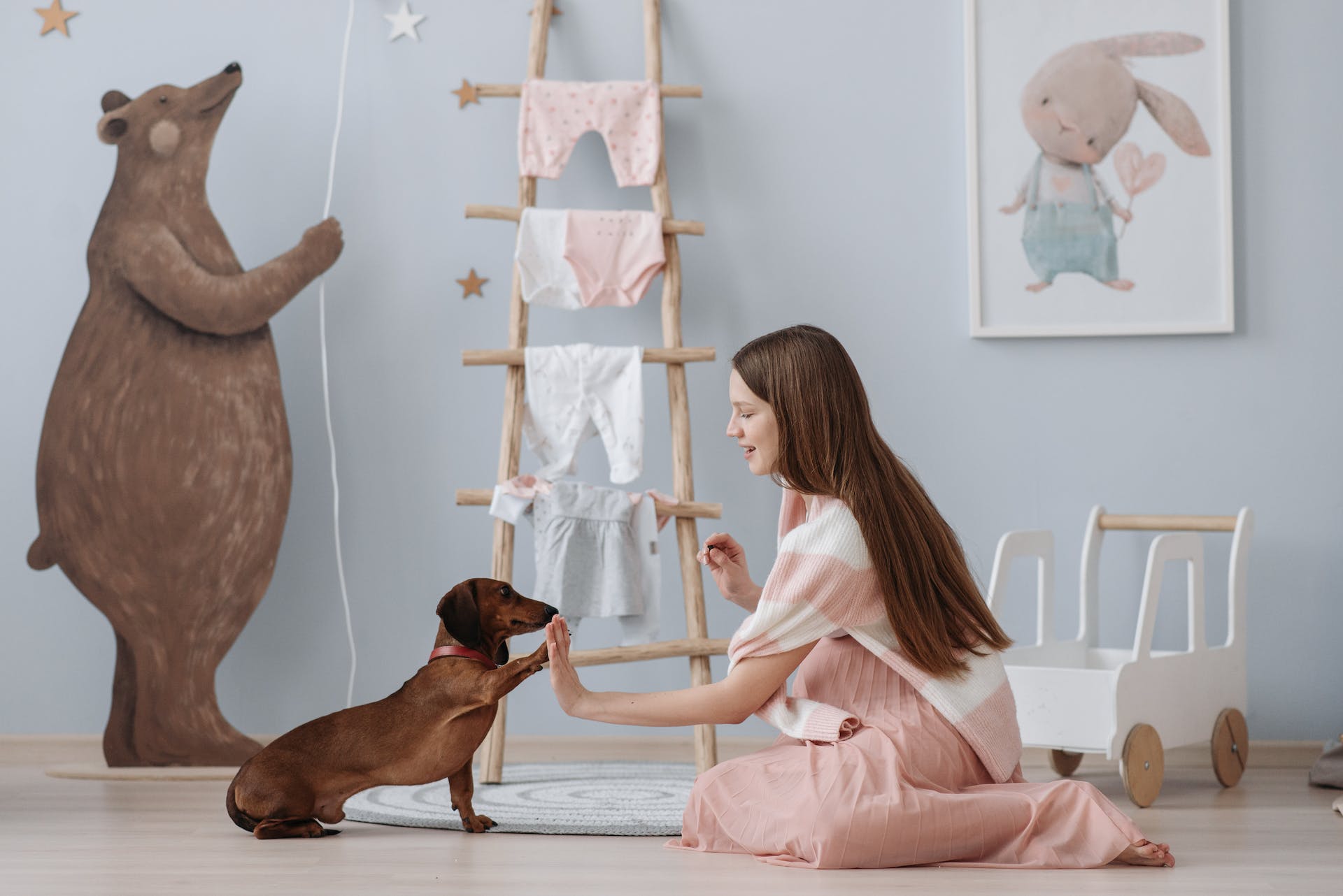 A woman training her dog indoors with a treat at hand