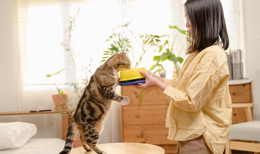 Frau füttert Katze aus einer Futterschüssel