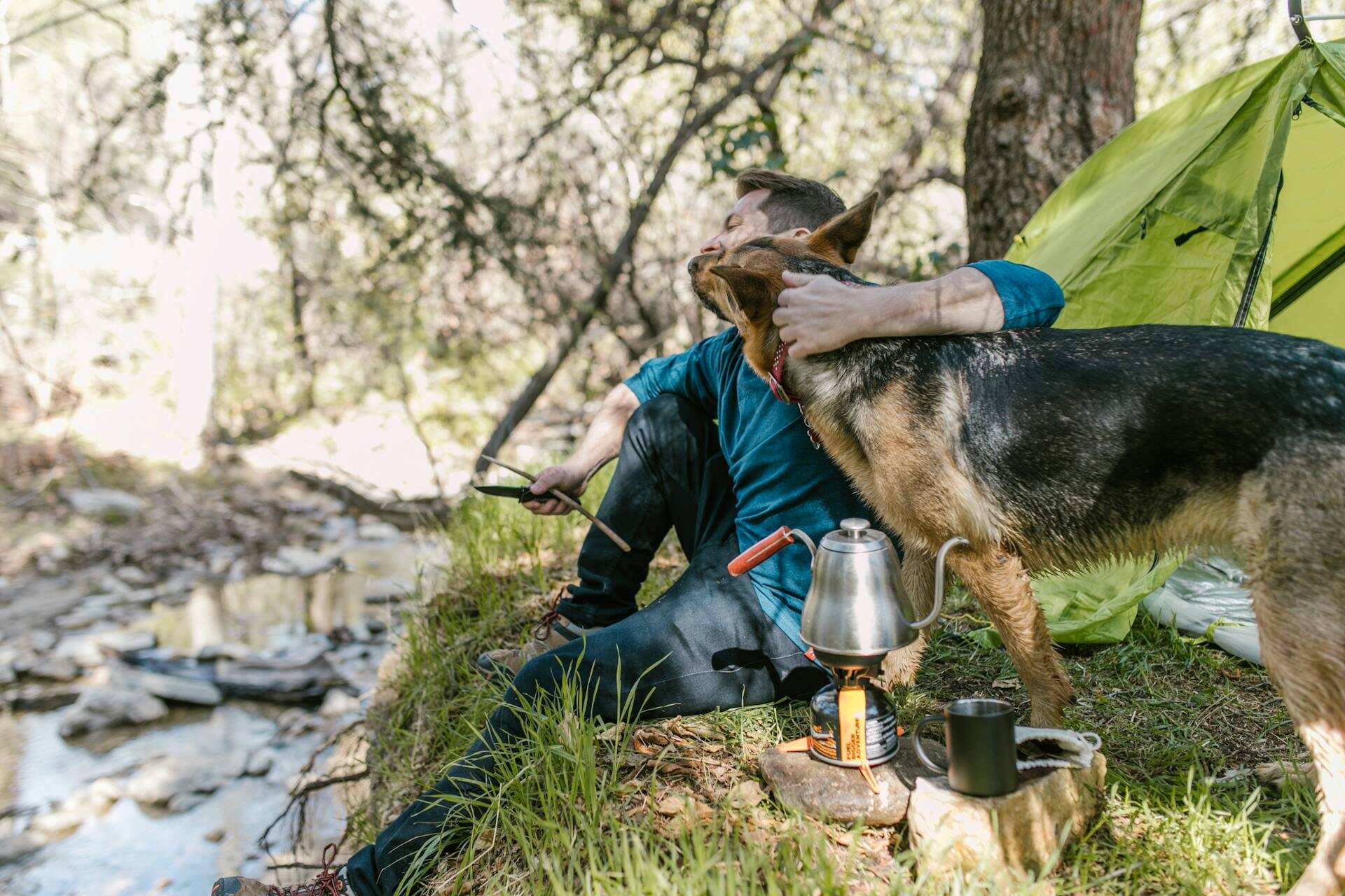 A man and a dog sitting by a tent near a river