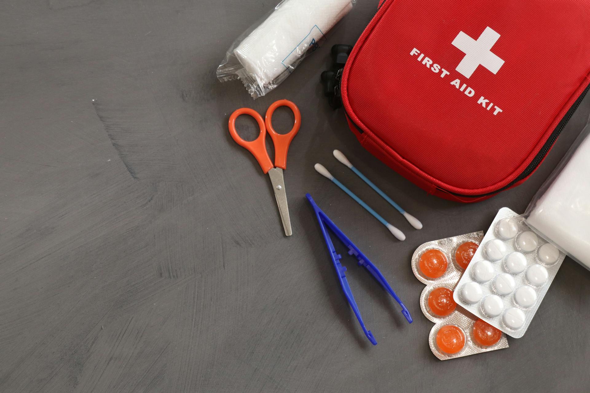 A first aid kit with medical equipment