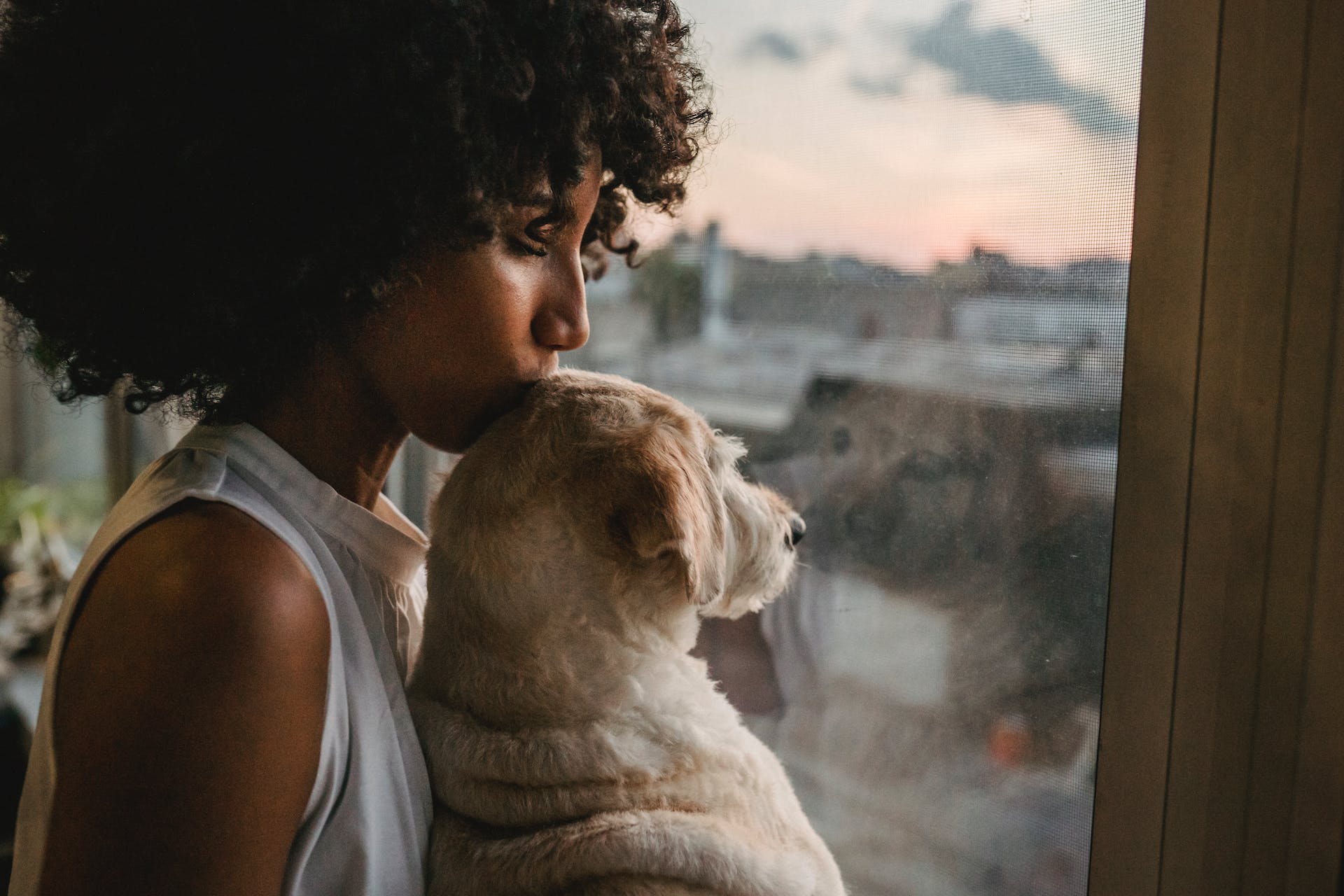 A woman hugging a dog by a window