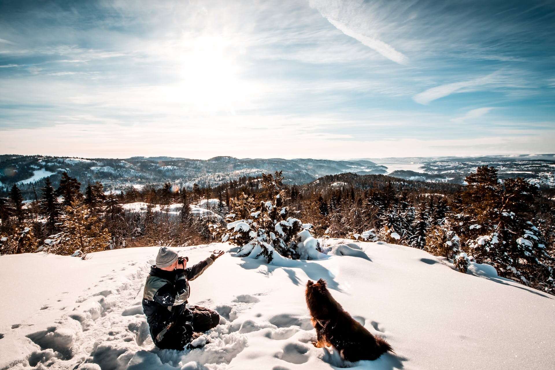 A man and a dog sitting in a snowy field in the mountains