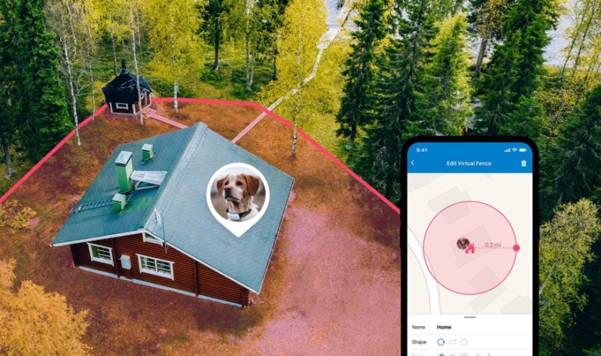Tractive GPS hundpejl med illustration av virtuellt staket