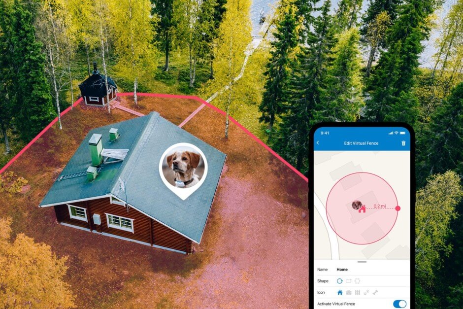 Una casa de madera en un bosque con una valla virtual roja que incluye un ícono de un perro en el techo. A la derecha, una captura de pantalla muestra la configuración de la valla en un mapa en la app Tractive GPS.