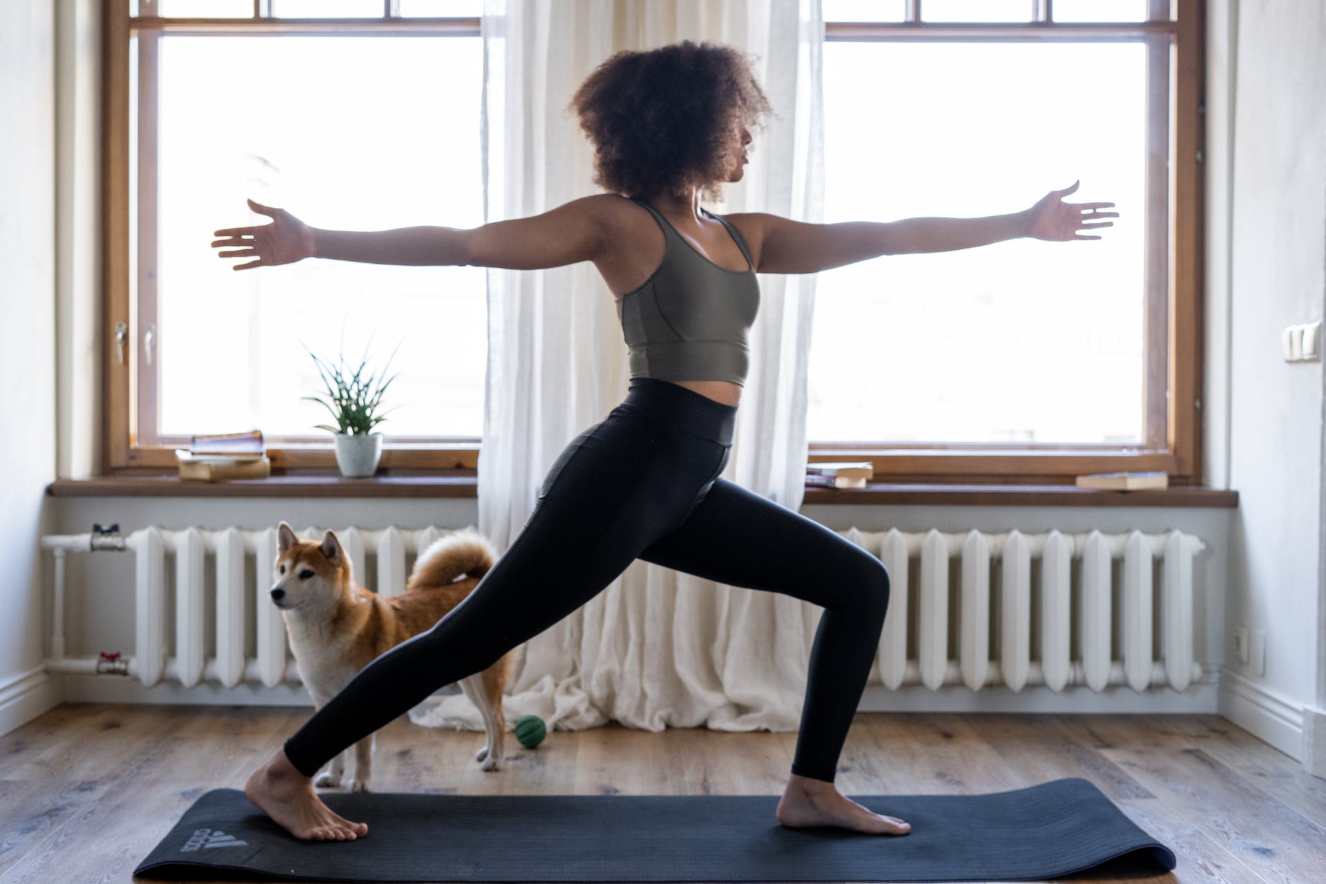 A woman practicing yoga indoors with her dog