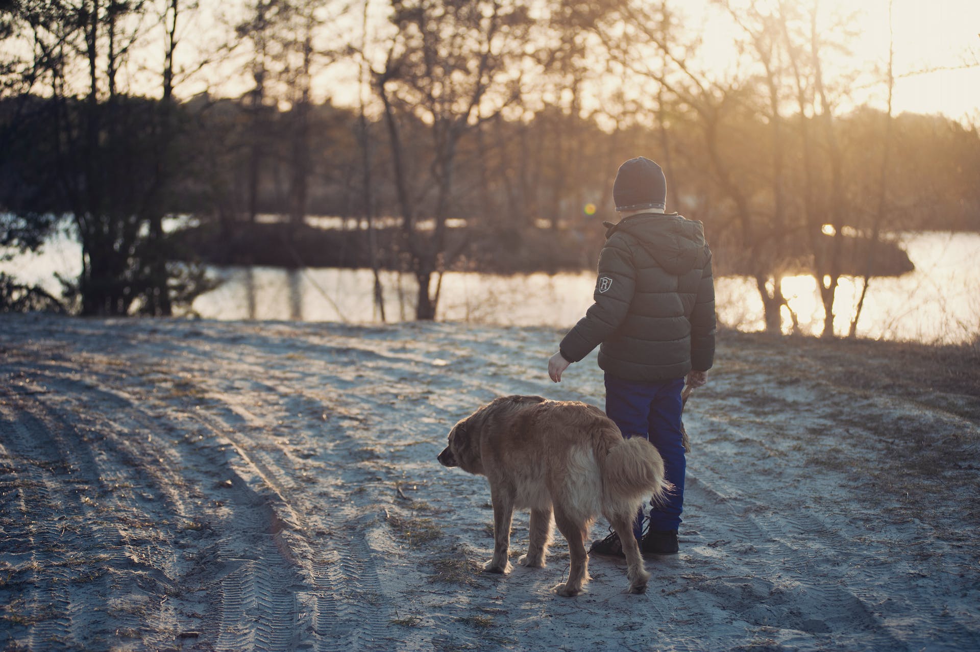 A boy walking his dog on a snowy path by a lake