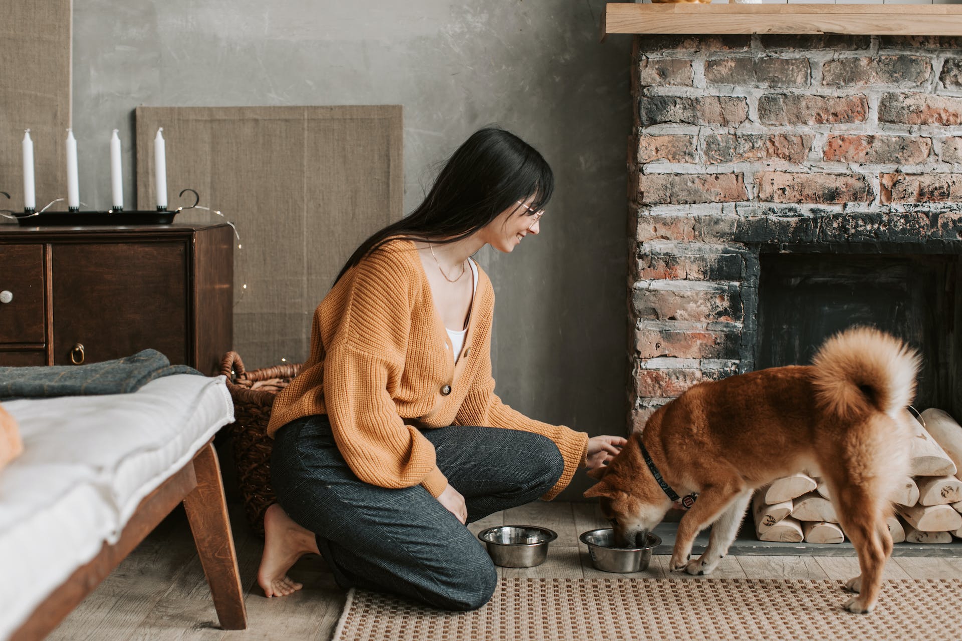 A woman feeding her dog in a living room