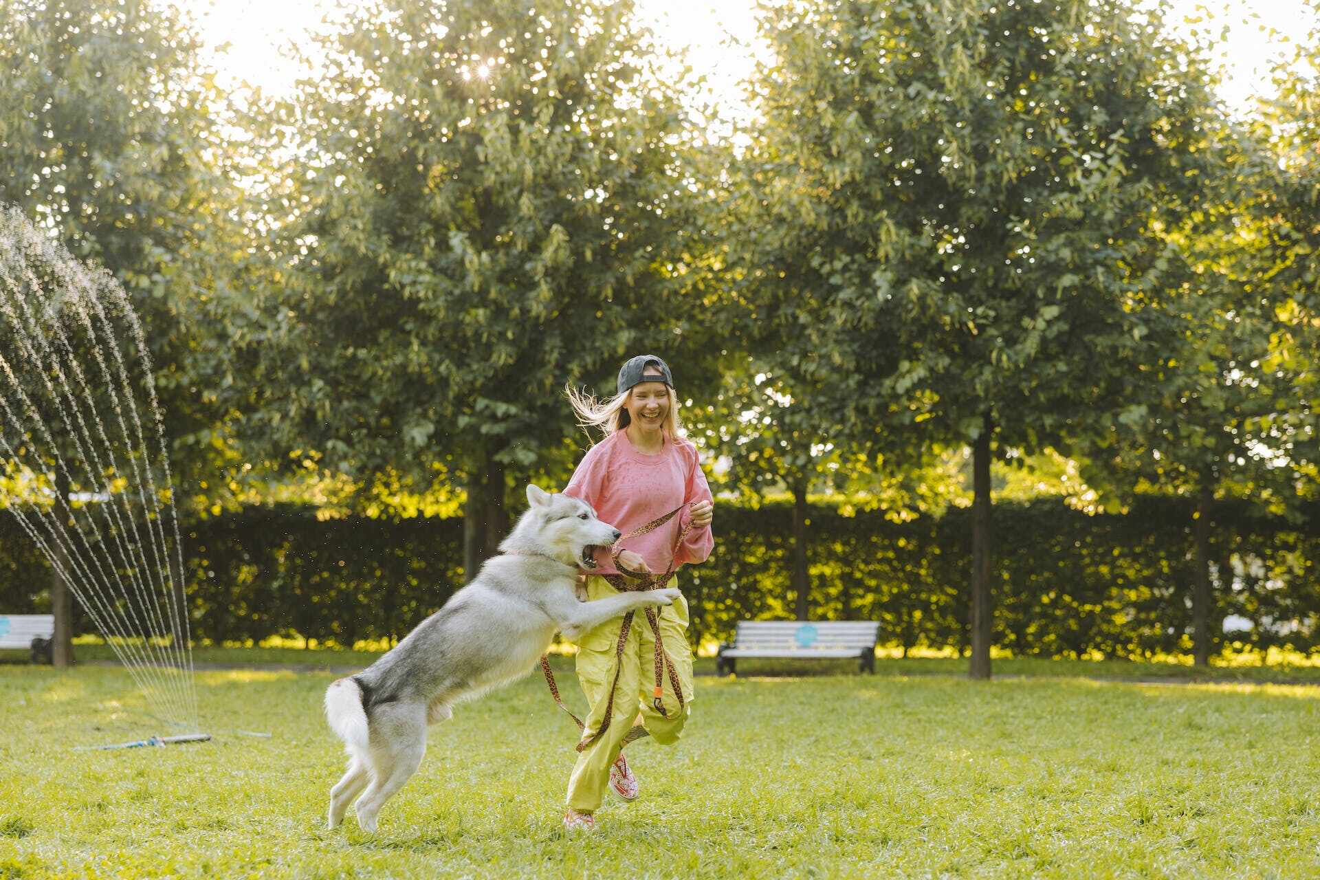A woman playing with her dog in a lawn