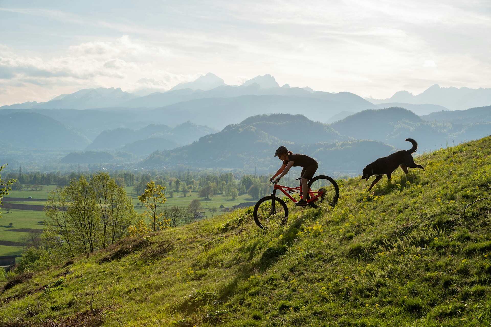 A woman cycling down a slope with her dog