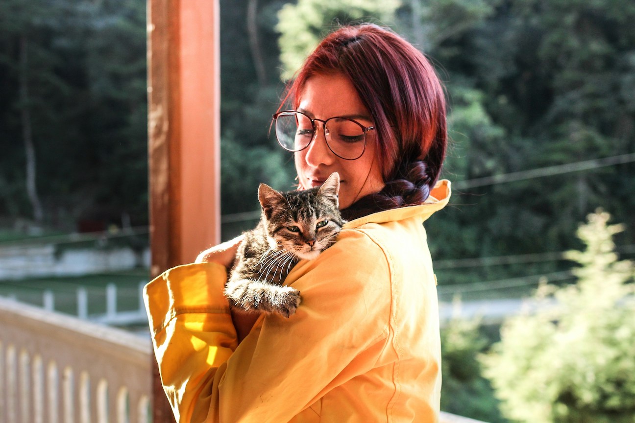 Frau trägt kranke Katze auf dem Arm ins Haus