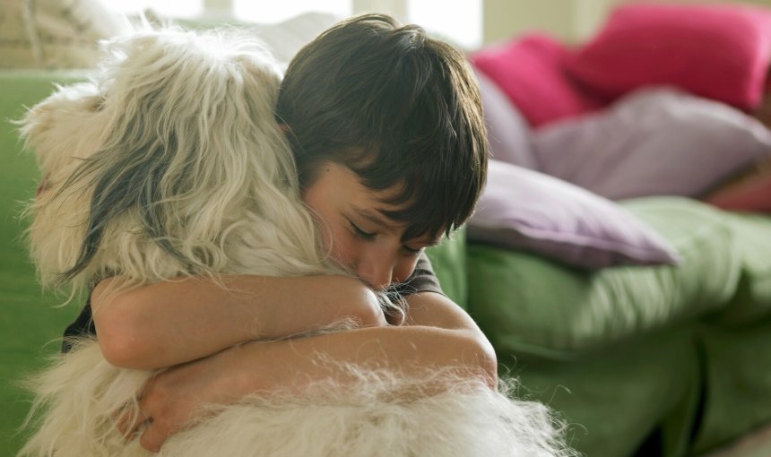 A little boy hugging a dog indoors