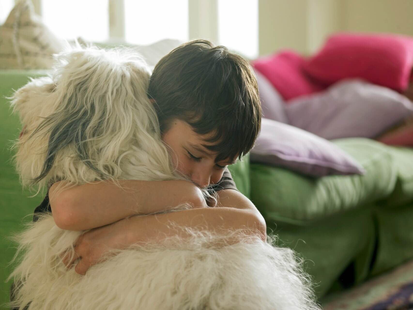 A little boy hugging a dog indoors