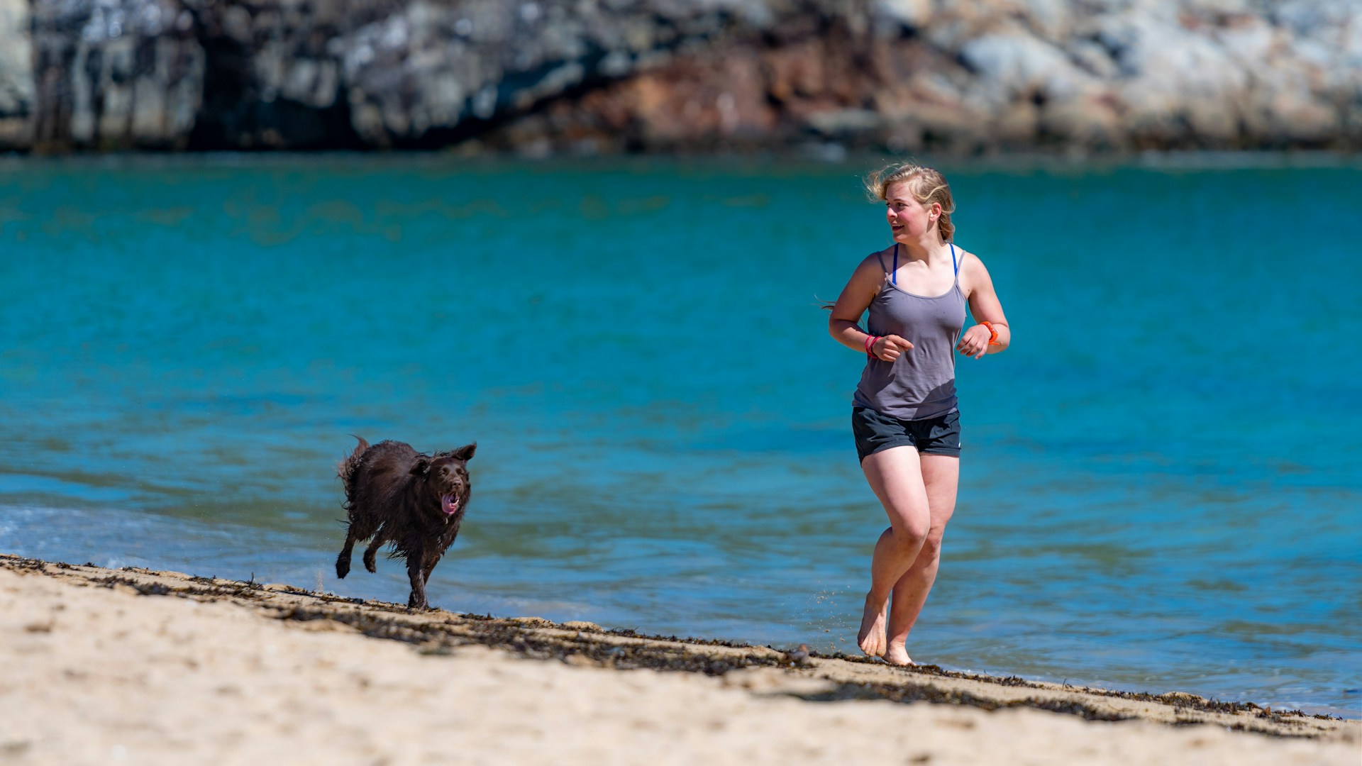 A woman running on a beach followed by a black dog
