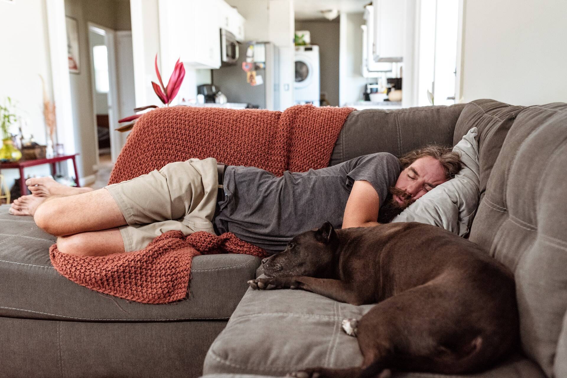 A man and dog sleeping on a couch together