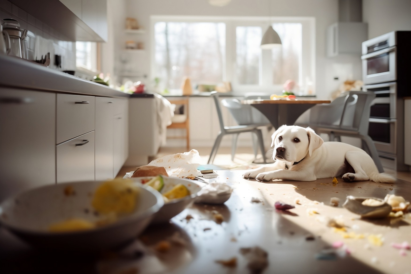 A white puppy sitting in a messy kitchen