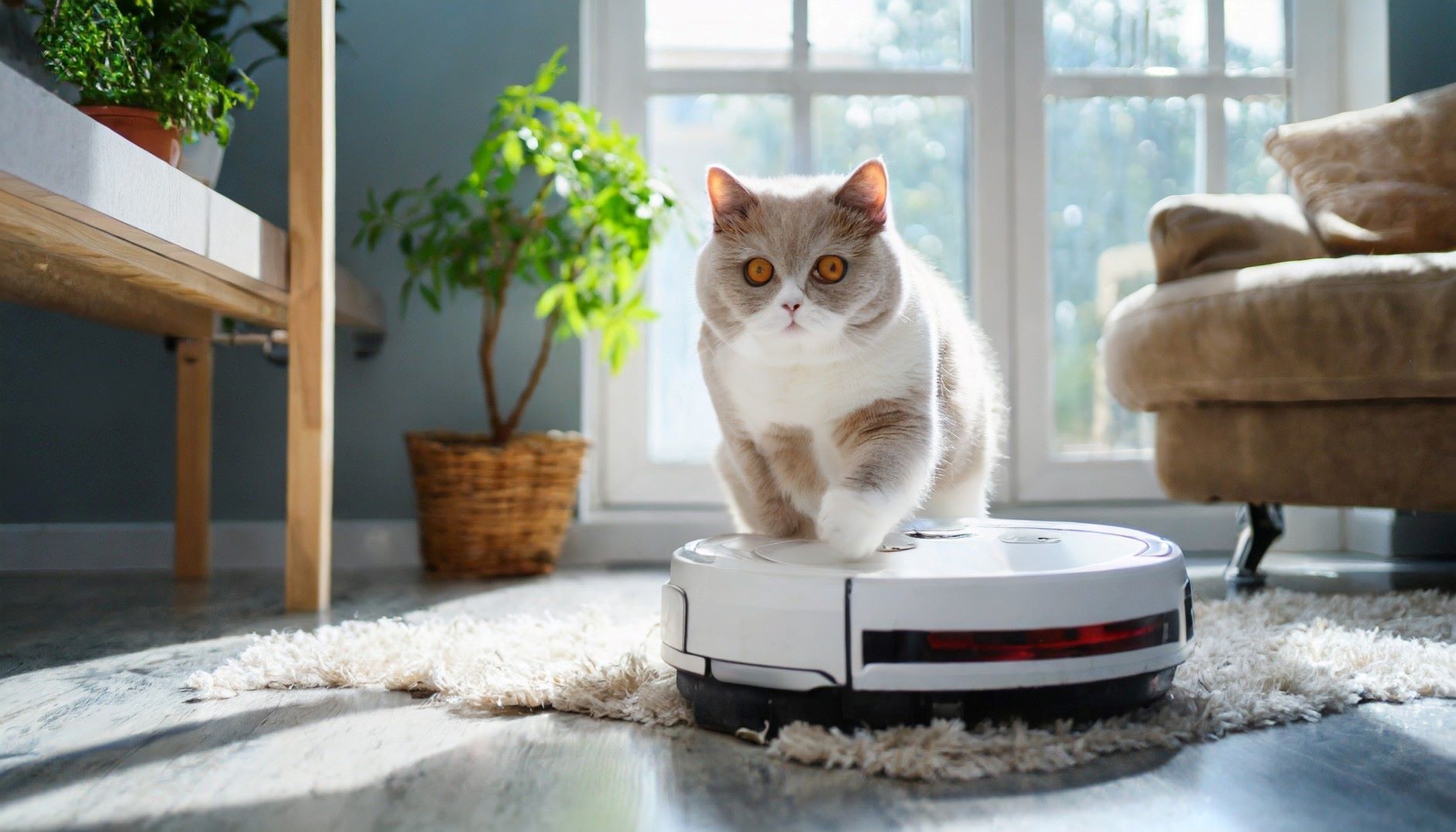 A cat sitting on a roomba indoors