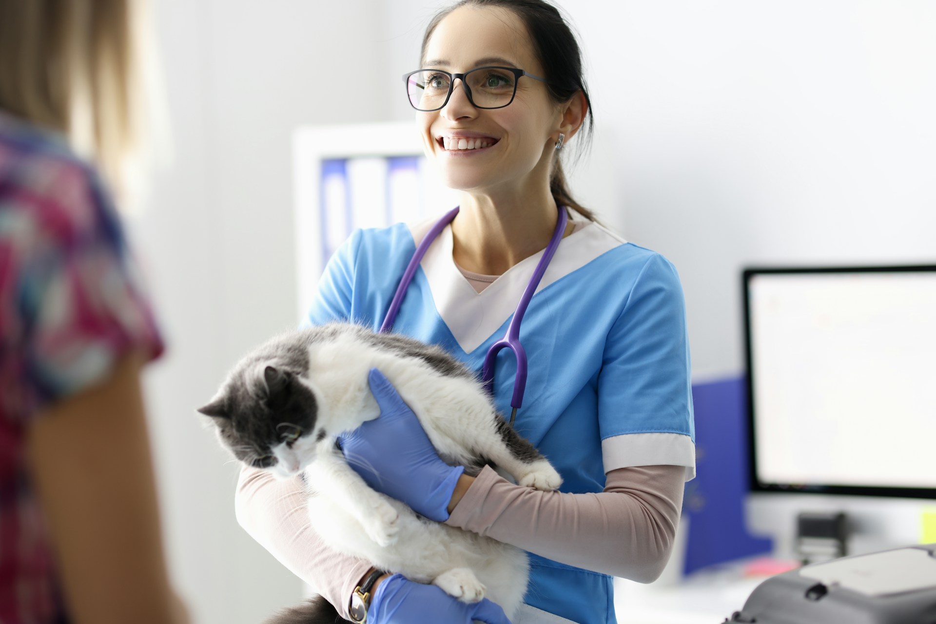 A smiling vet holding a cat in her arms and speaking to a client
