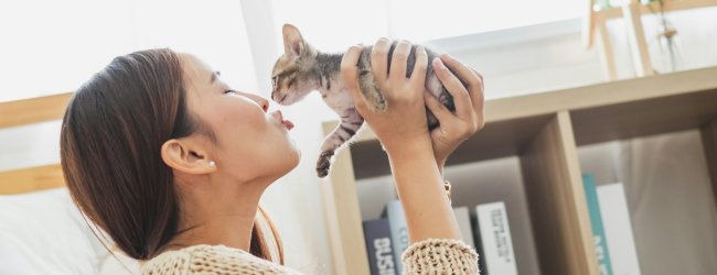 A woman kissing a small cat