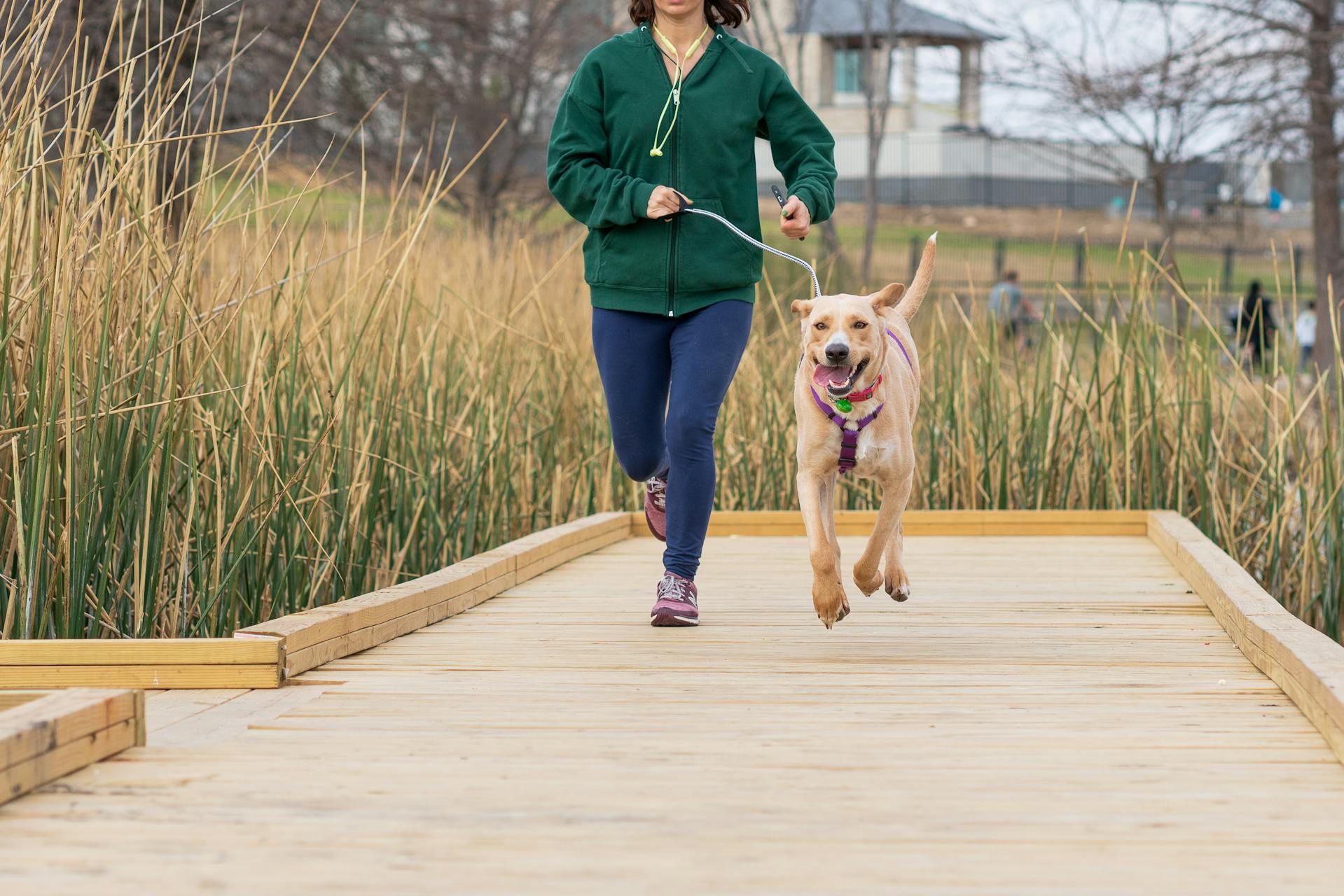 A woman running with a dog on leash