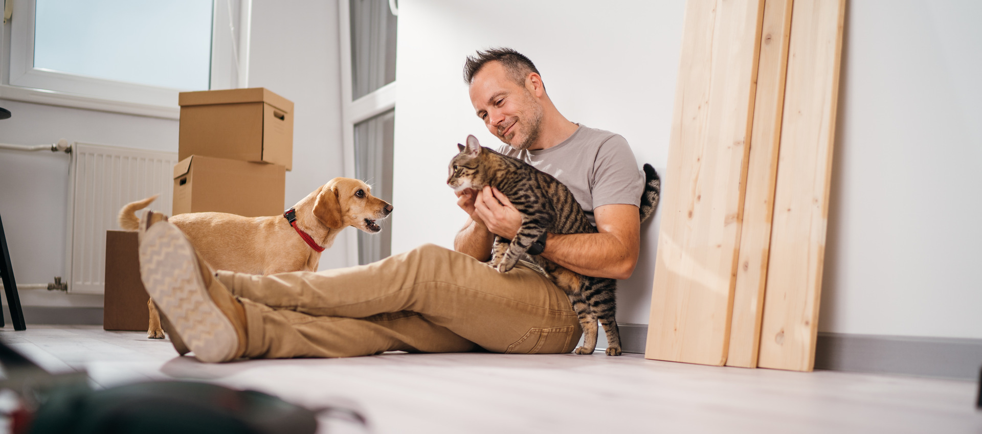A man with his pets moving into an empty apartment