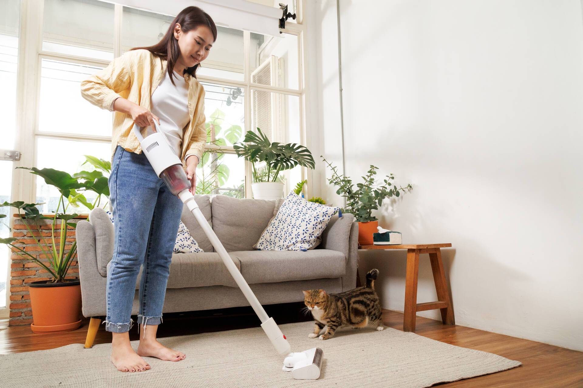 A woman vaccuuming her carpet with her cat nearby