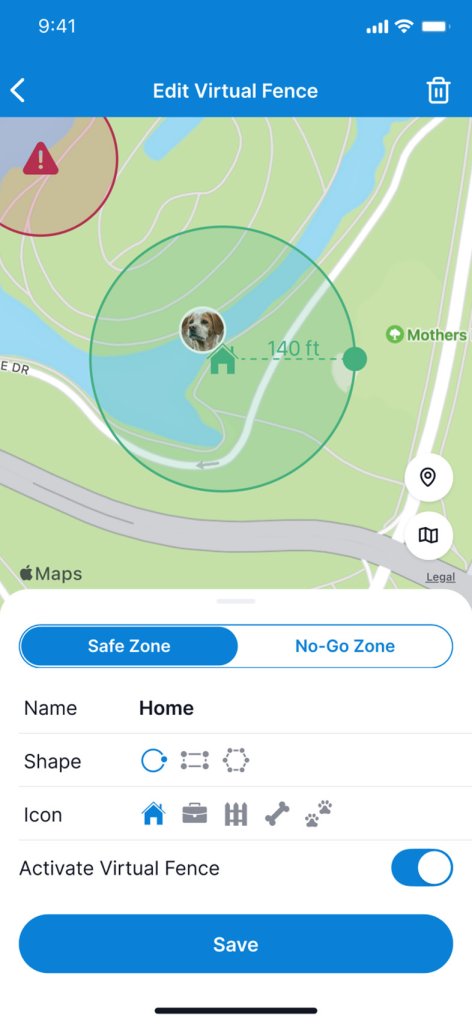 Tractive GPS Virtual Fence on mobile