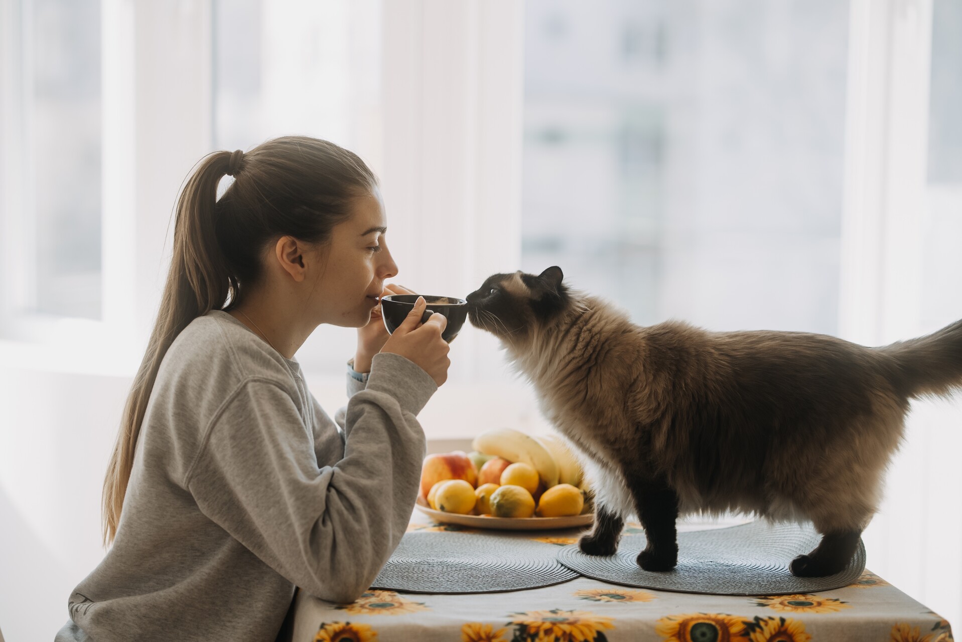 A woman enjoying a cup of coffee with her cat
