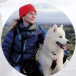 Sally the Samoyed traveling off the leash with her mom Claire