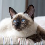 A Siamese cat sitting on a bed