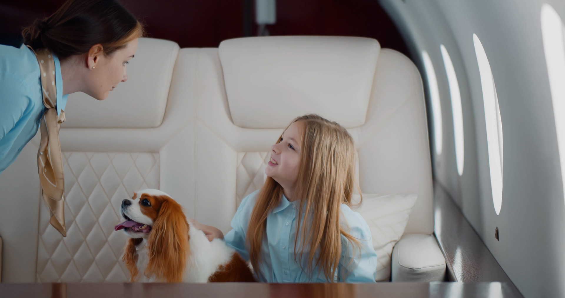 A flight attendant taking care of a young girl and a dog on board an airplane