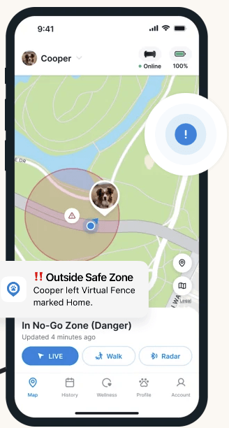 An escape alert on the Tractive mobile app