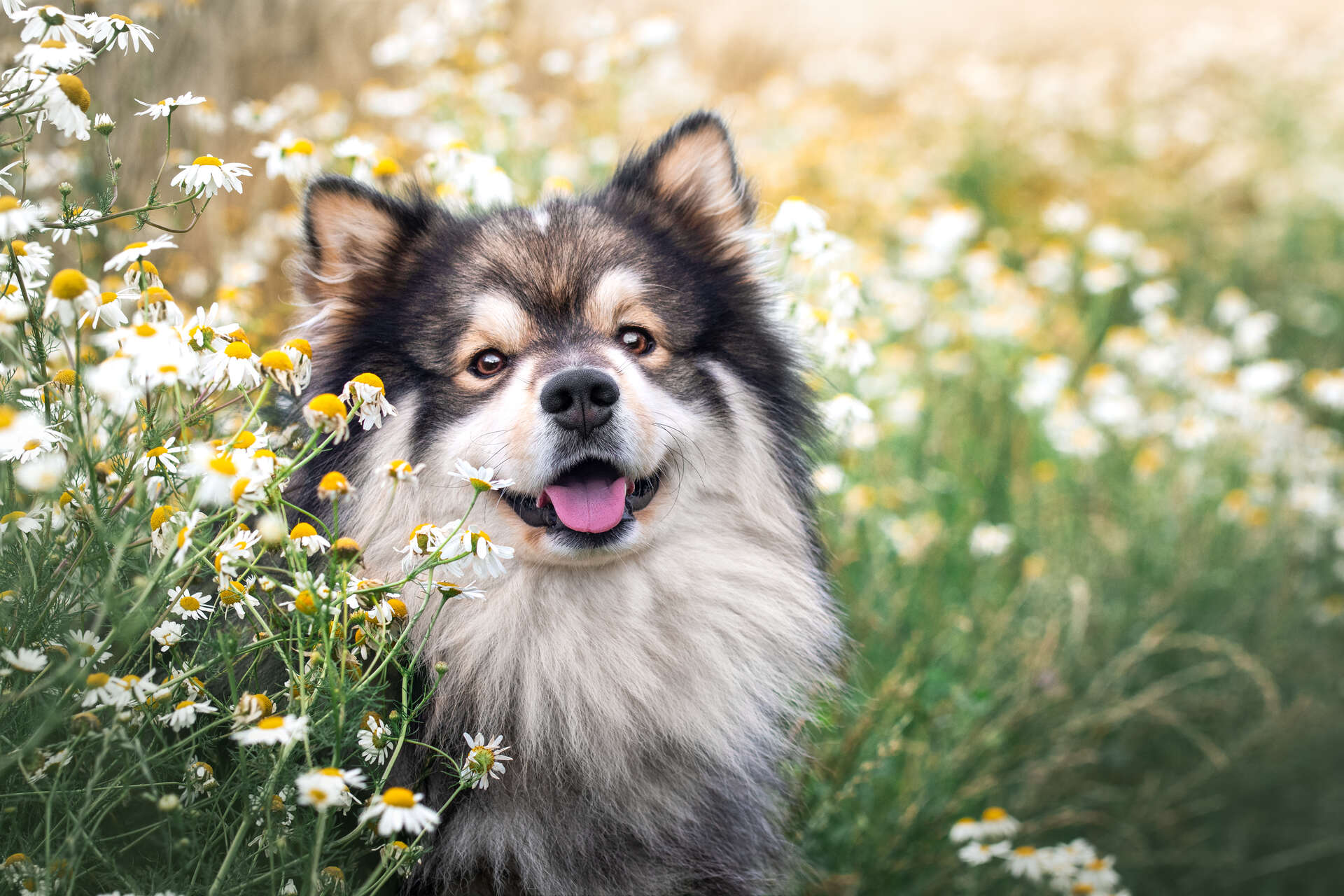 A dog sitting among flowers in a garden