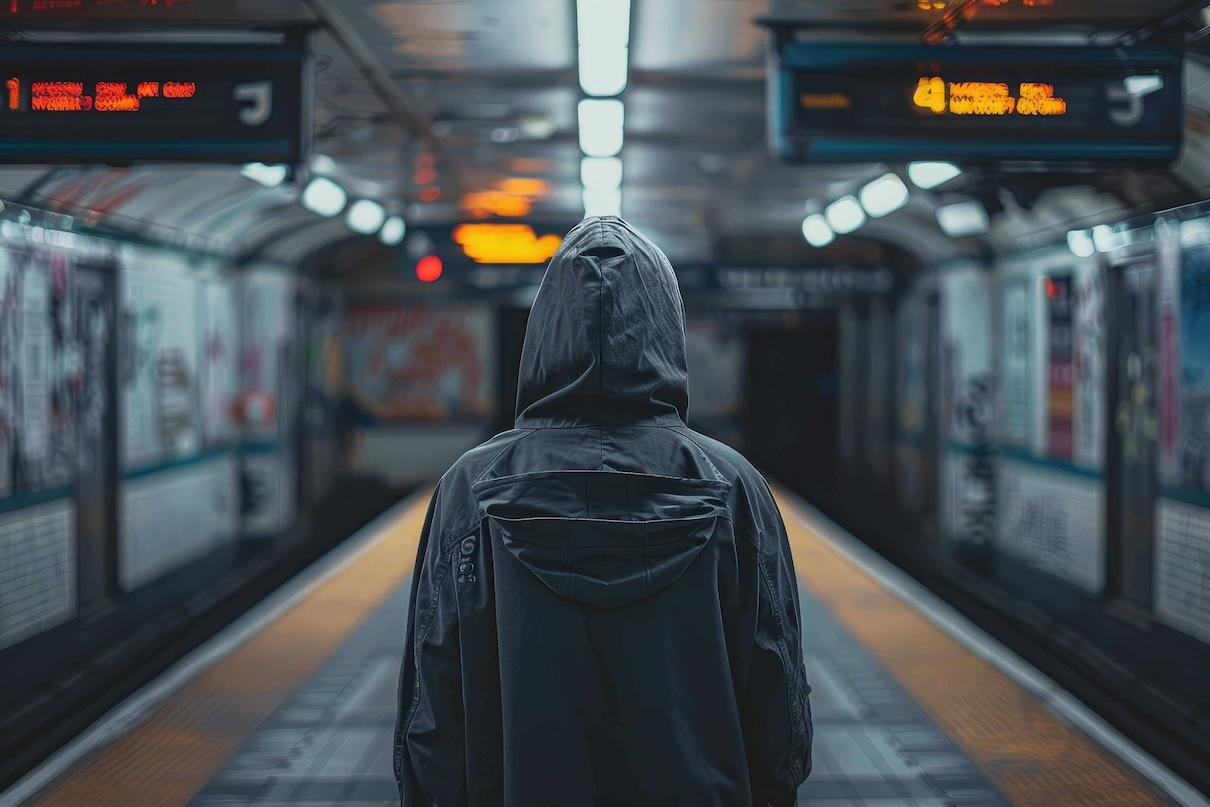 Mann steht mit schwarzem Rucksack  und schwarzer Regenjacke mit Kapuze bei einer U-bahn Station