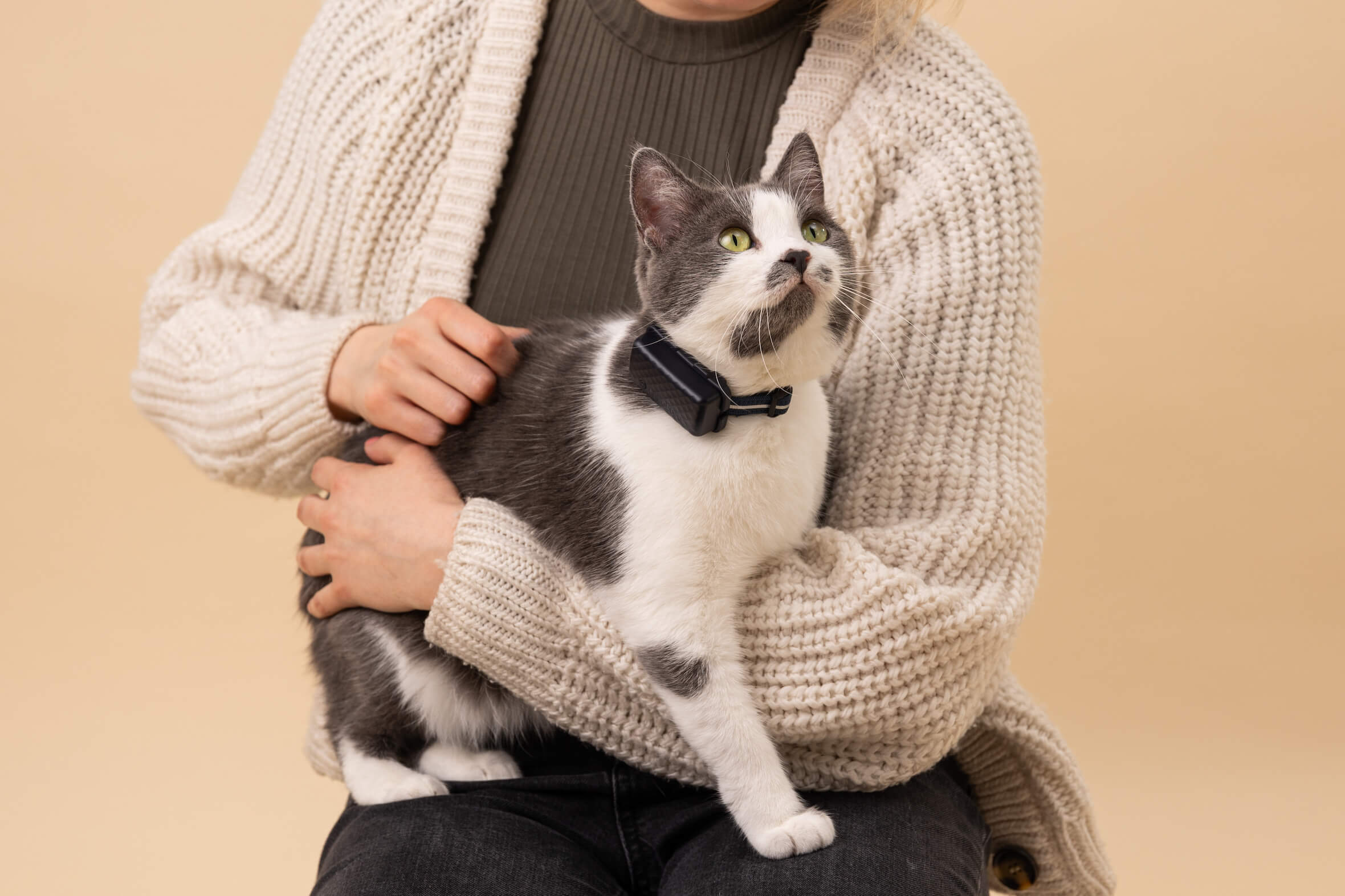 Weiß-graue Katze auf dem Schoß einer Frau trägt Cat Mini Tracker