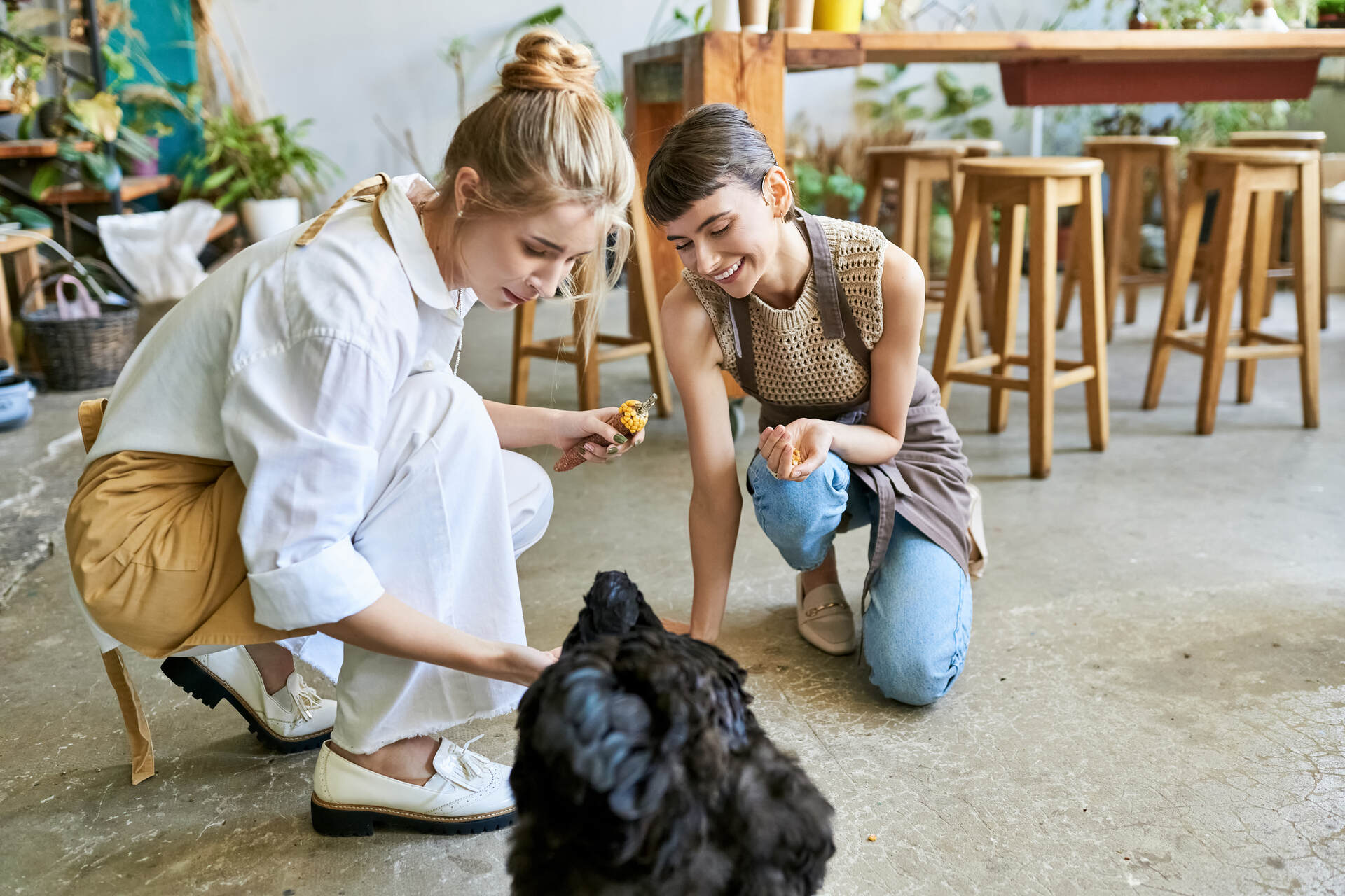 Two women training a deaf dog indoors