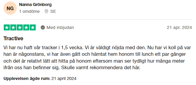 Trustpilot-omdöme om Tractive