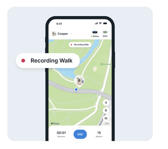 A screenshot of the Tractive mobile app's Walk feature recording a dog's walk