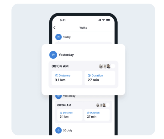 A screenshot of the Tractive mobile app's Walk feature covering details of the walk