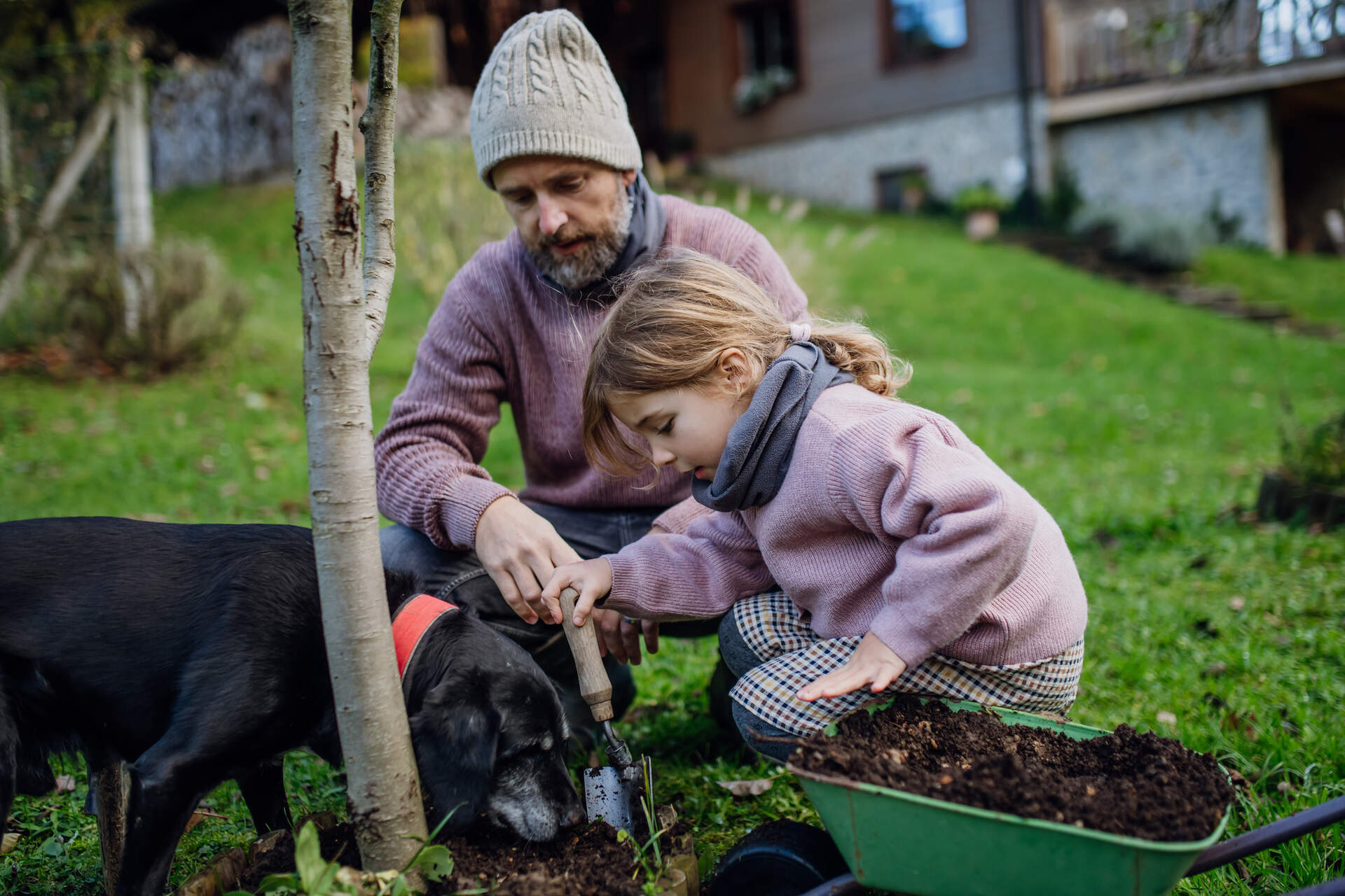 Mann arbeitet mit kleinem Mädchen und einem Hund im Garten