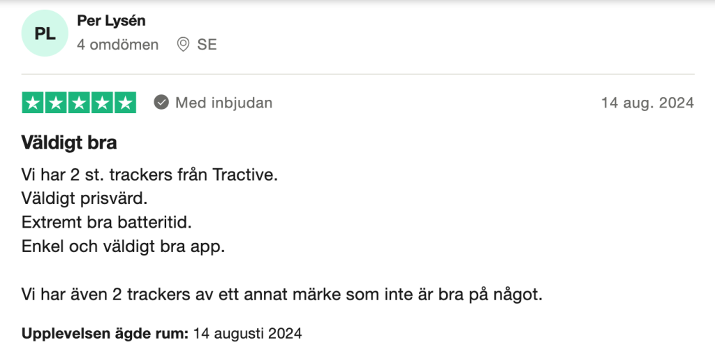 Trustpilot-omdöme om Tractive