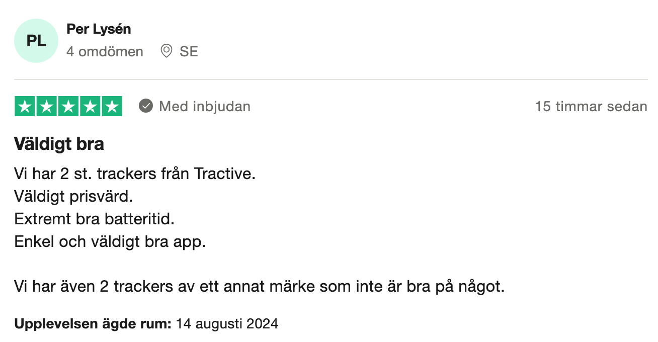 Trustpilot-omdöme om Tractive