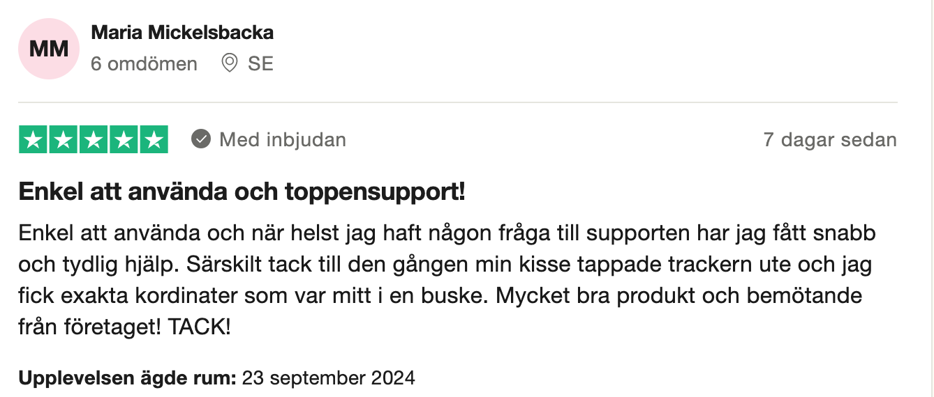 Trustpilot-omdöme om Tractive