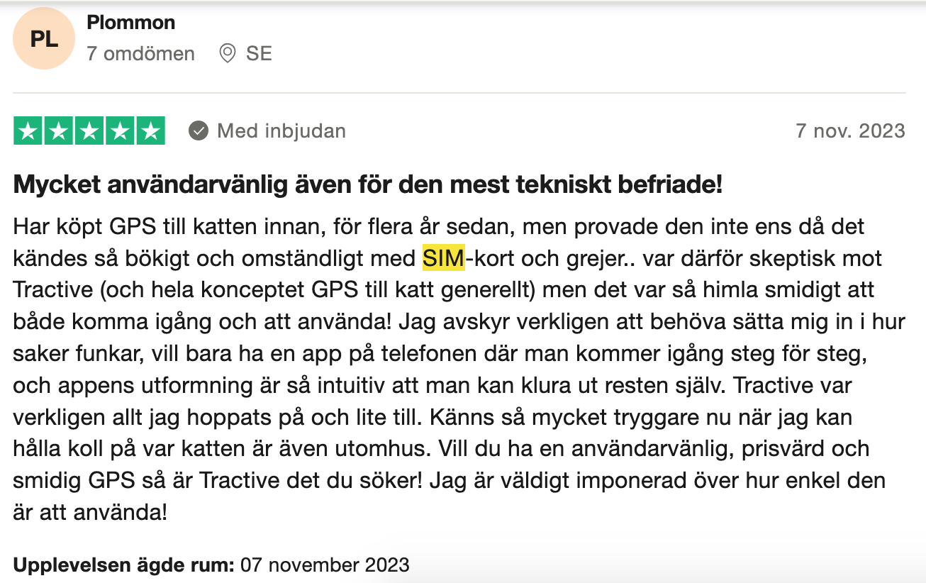 Trustpilot-omdöme om Tractive