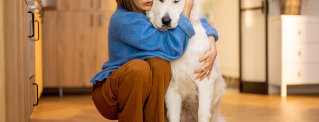 A woman hugging her anxious dog indoors