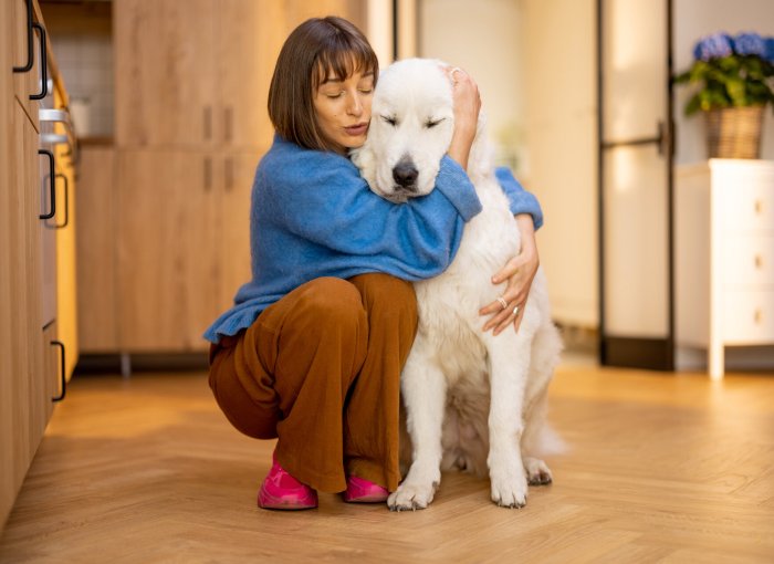 A woman hugging her anxious dog indoors