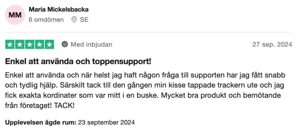 Trustpilot-omdöme om Tractive