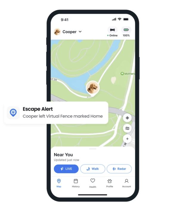 An escape alert on the Tractive mobile app