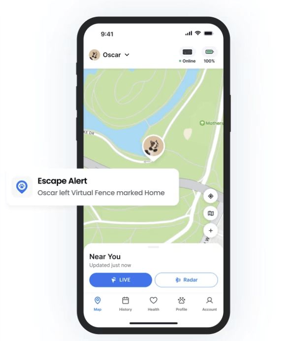 An escape alert on the Tractive mobile app