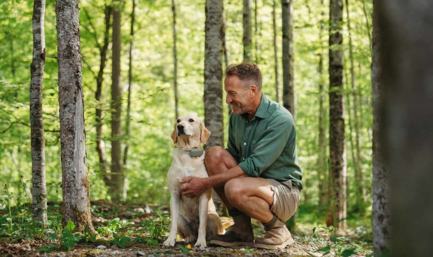 A man training a dog that's wearing a Tractive GPS tracker