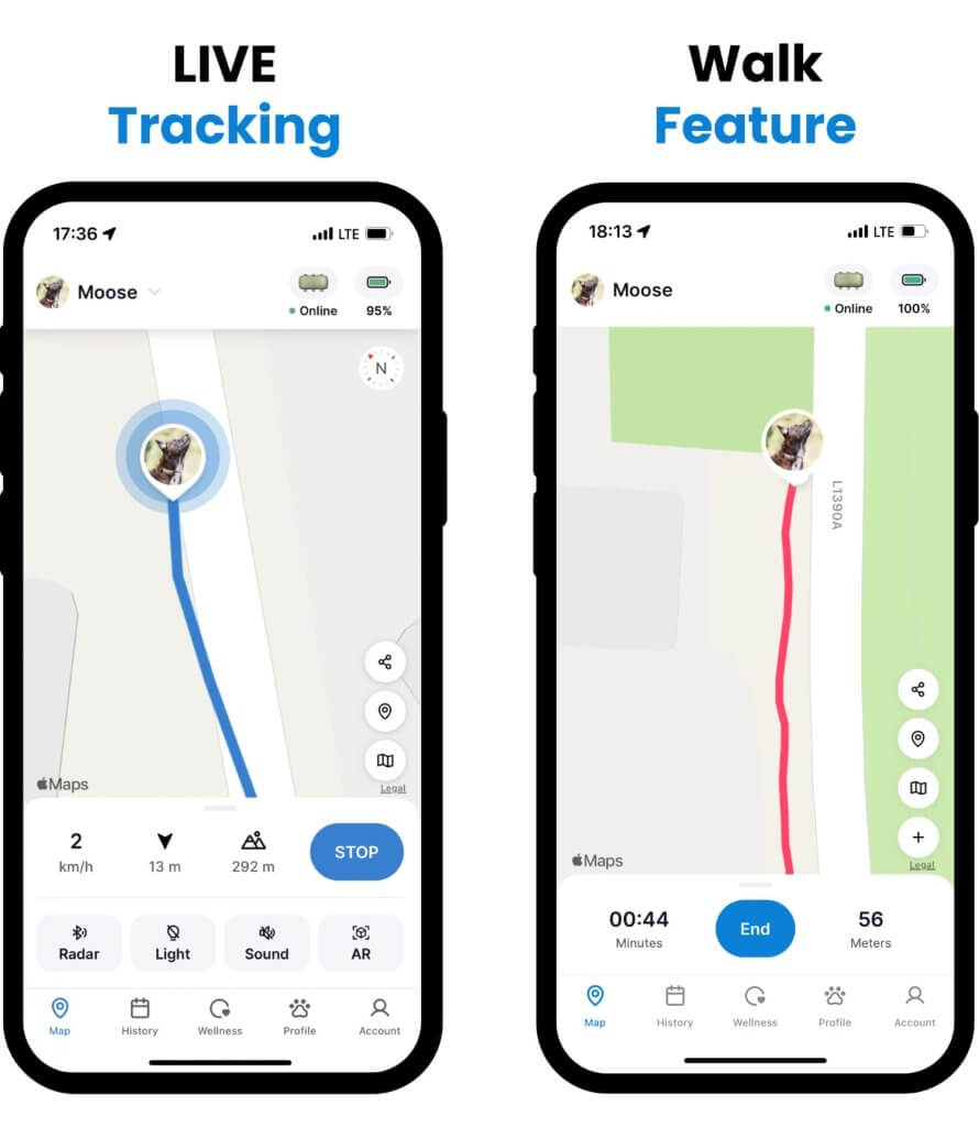 LIve GPS Tracking vs Walks in Tractive GPS app